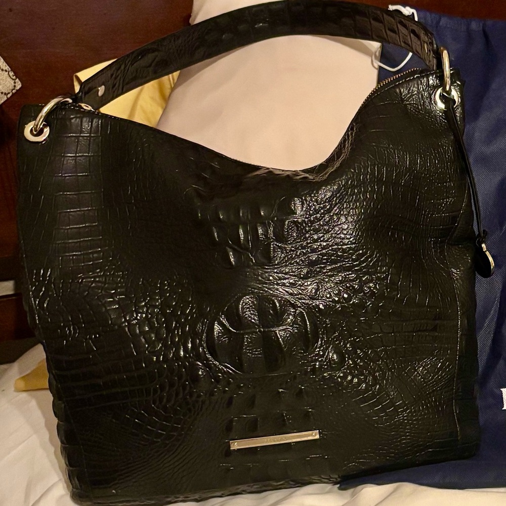 Brahmin Black Croc-Embossed Leather Hobo Bag